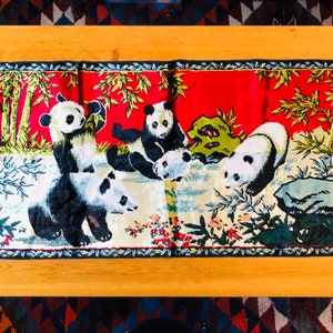 Vintage Panda Bears Velvet Tapestry Wall Hanging Velveteen Chinese Pandas Bamboo Tiki Man Cave Decor 39" x 20" FREE US SHIPPING