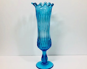 Vintage Blue Glass Footed Swung Vase Fenton Honeycomb Mid Century Decor 11 1/2" Tall Blue Art Glass