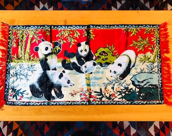 Vintage Panda Bears Velvet Tapestry Wall Hanging Velveteen Chinese Pandas Bamboo Tiki Man Cave Decor 39" x 20" FREE US SHIPPING