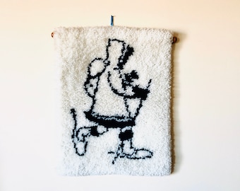 Vintage Latch Hook Rug: Inuit Eskimo Hunter Wall Hanging, Boho Decor