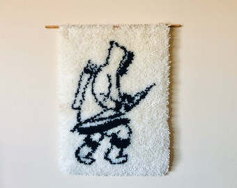 Vintage Latch Hook Rug Wall Hanging: Inuit Eskimo Fisherman, Boho Decor