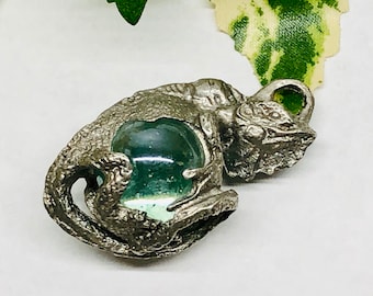 Vintage Lizard  Iguana with Glass Ball Pendant Silver Tone Metal Necklace Pendant Unique Reptile Lover Gift Idea FREE US SHIPPING