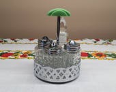 Vintage Cruet Set and Carrier with Jadeite Toned Plastic Handle