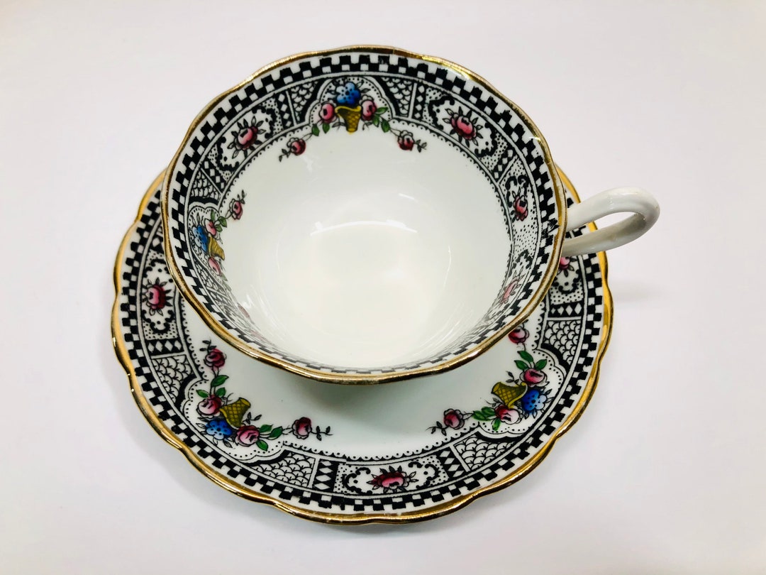 Antique Art Deco Teacup and Saucer Hand Painted Black and Etsy