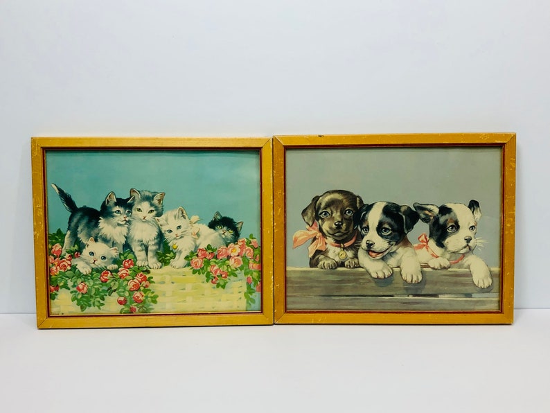 Vintage Framed Cats Five Kittens Lithograph Print Litho circa 1920s Art Deco Era Wall Art image 6