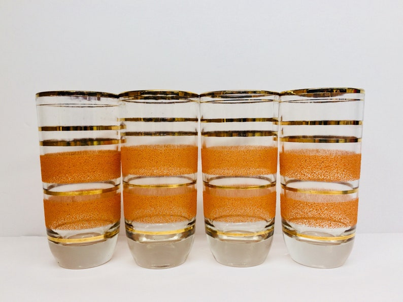 Mid Century Textured Orange Glass Tumblers Heavy Bottom Orange and Gold Stripes
