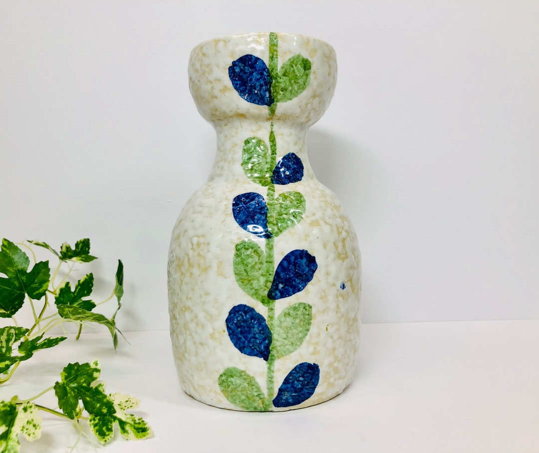 Vintage Hand Painted Vase Made in Spain Mid Century Design Vase Blue