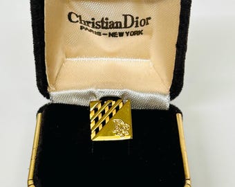 Vintage Christian Dior Square Tie Tack Gold Trotter-logo authentiek designer dasspeld originele doos