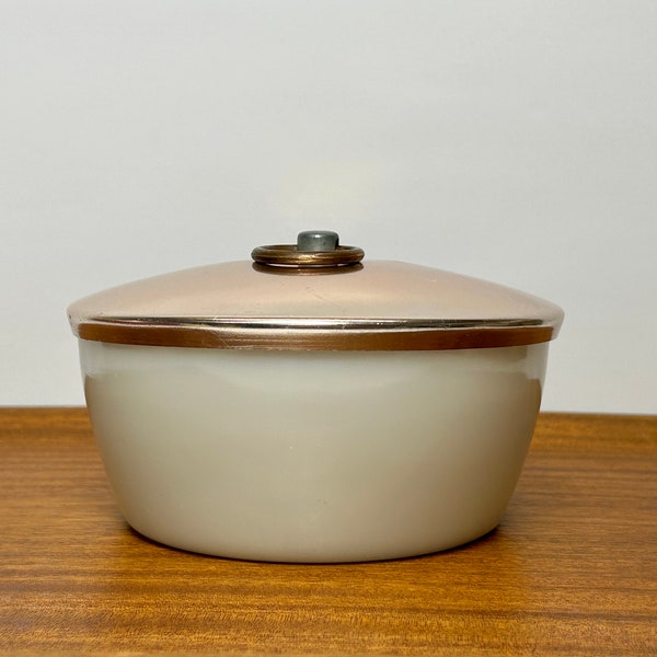 Vintage Milk Glass Grease Jar Bowl Metal Lid Ivory Milk Glass Vintage Kitchen Decor