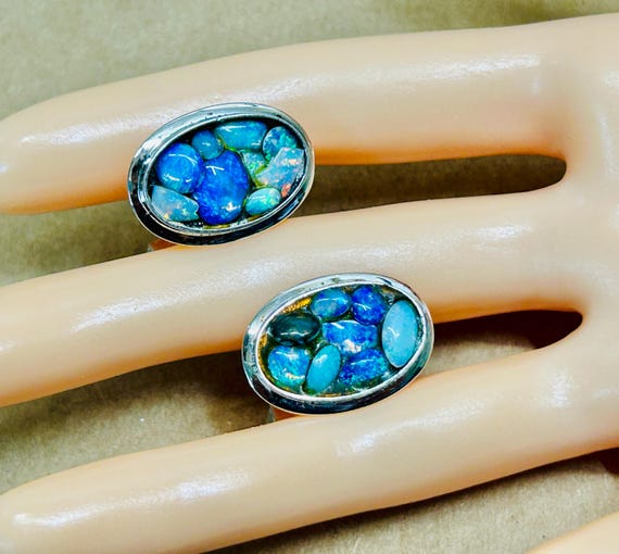 Vintage Mosaic Australian Opal Cufflinks on Sterling Silver Gift for Him Natural Gem Jewelry