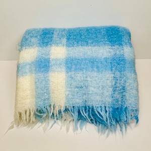 Hudson's Bay Company Throw Blanket Lap Plaid Blue and White Made in Italy Faux Mohair