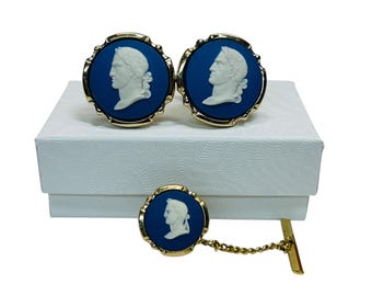 Vintage Vespasian Roman Emperor Cameo Cufflinks and Tie Tack Wedgwood Blue Jasperware