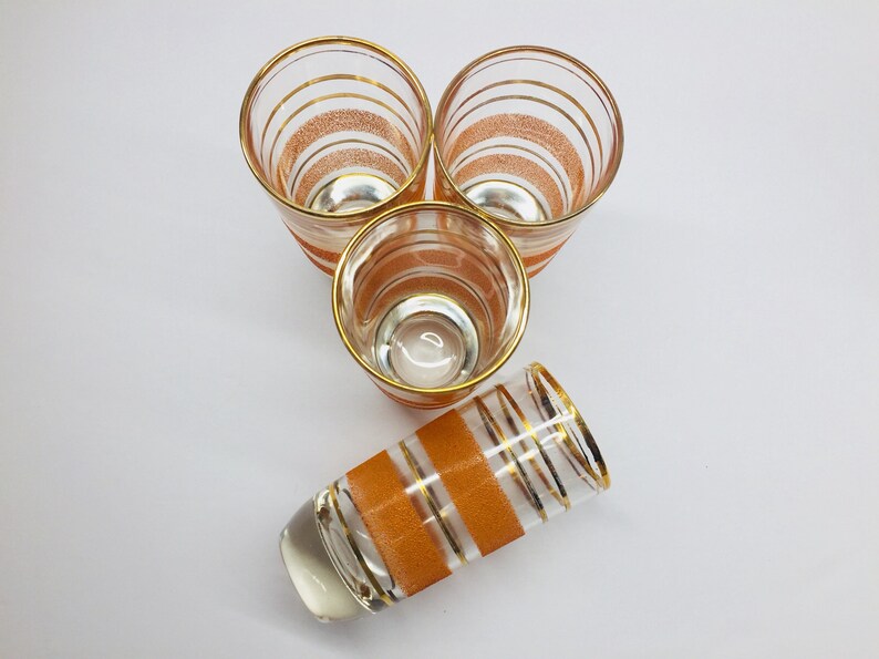 Mid Century Textured Orange Glass Tumblers Heavy Bottom Orange and Gold Stripes