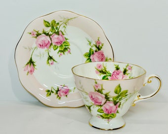 Vintage EB Foley Blush Pink Cabbage Roses Teacup and Saucer 3867