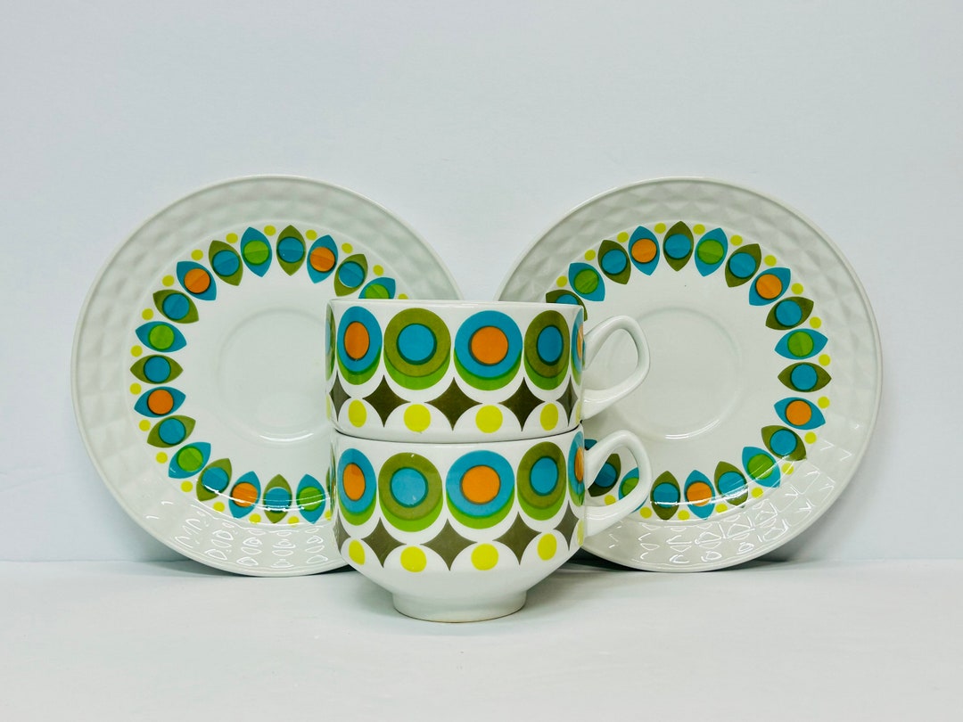 Pair of Mid Century Teacups and Saucers 4piece Set Ironstone Pontesa