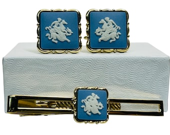 Gemelos y pinza de corbata Wedgwood Jasperware vintage de San Jorge y el dragón