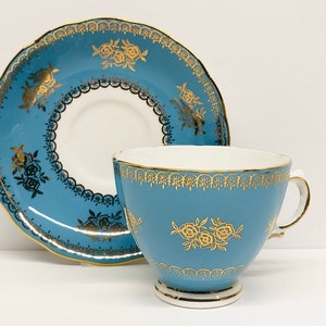 Vintage Colclough Turquoise Gold Teacup and Saucer Floral Gold Roses Design FREE US SHIPPING
