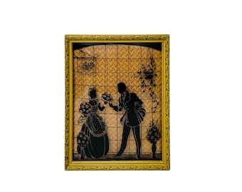 Antique Silhouette Victorian Reverse Shadow Painting Courting Couple Domed Convex Bubble Glass 1930's