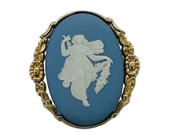 Broche y colgante de collar vintage Wedgwood Blue Jasperware Zephyr con camafeo bidireccional