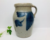 Vintage Salt Glaze Pottery Jug Cobalt Blue Decorated Crock with Handle 1987 Rowe Pottery Works