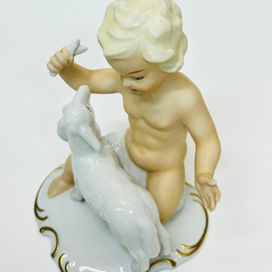 Vintage Porcelain Schaubach Kunst Boy Playing with Lamb Figurine Wallendorf Cherub Putto Germany AS IS image 5