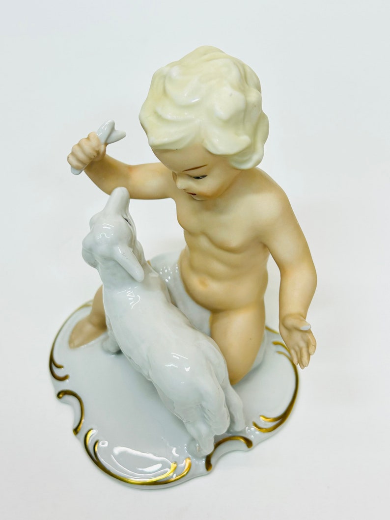 Vintage Porcelain Schaubach Kunst Boy Playing with Lamb Figurine Wallendorf Cherub Putto Germany AS IS image 5