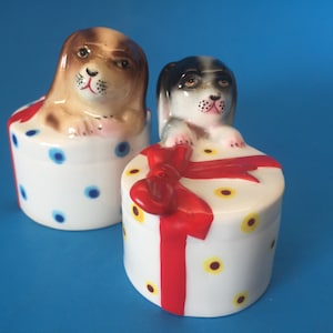 Vintage PY Japan Dog Salt and Pepper Shakers Norcrest Dog with Hat Boxes Anthropomorphic Dogs