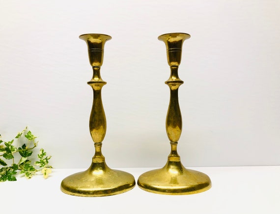 Vintage Brass Candlesticks, Pair of Candle Holders with Glass