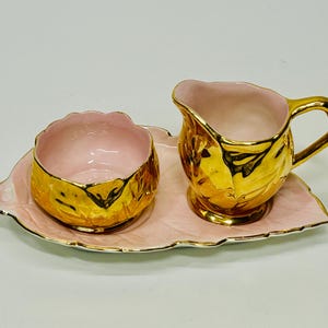 Vintage Royal Winton Gold and Pink Sugar Bowl and Creamer Set with Tray Leaf Pattern