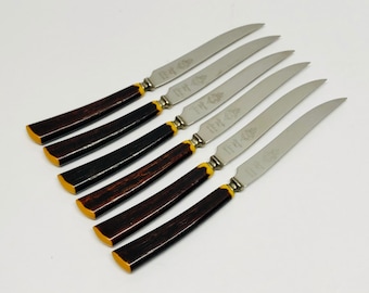 Vintage Glo Hill Knife Set of 6 Bakelite Faux Antler Handle Knives, Stainless Steel Made in Canada