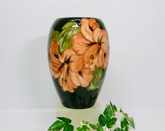 Vintage Moorcroft Pottery Coral Hibiscus Vase Green Moorcroft 7" Tall Made in England