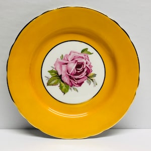 Vintage RARE Aynsley Large Pink Cabbage Roses Yellow Bread and Butter Plate 6 14 Made in England