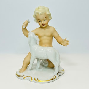 Vintage Porcelain Schaubach Kunst Boy Playing with Lamb Figurine Wallendorf Cherub Putto Germany AS IS image 1