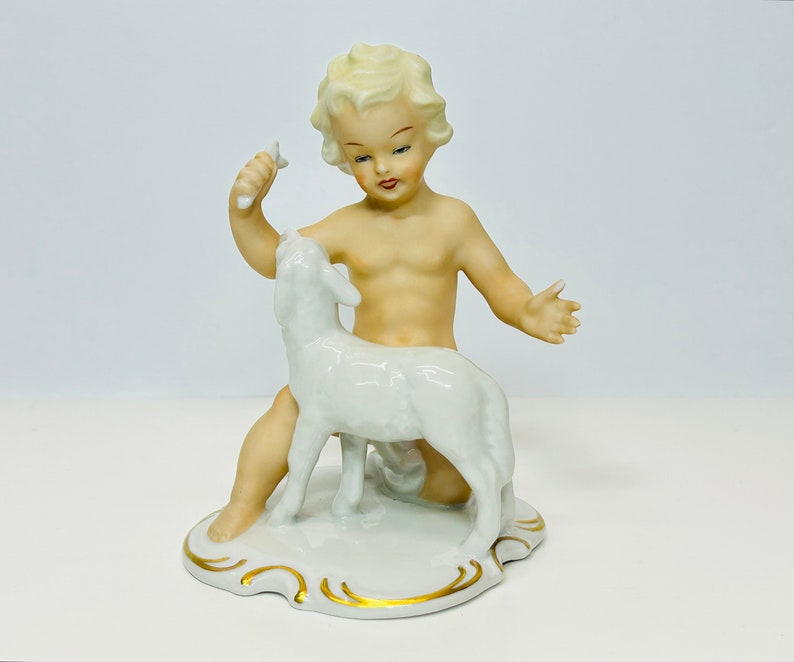 Vintage Porcelain Schaubach Kunst Boy Playing with Lamb Figurine Wallendorf Cherub Putto Germany AS IS image 1