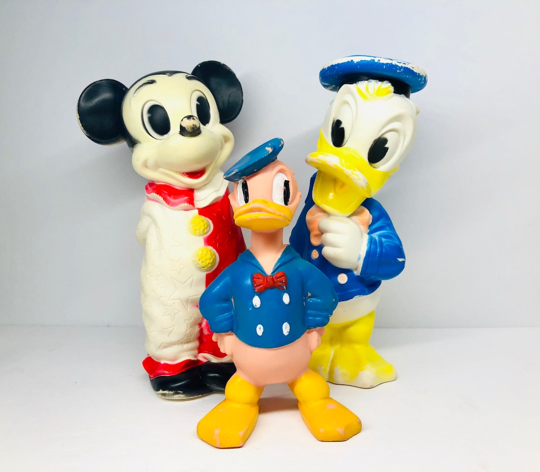 Vintage 1960s Disney Rubber Toys, Mickey Mouse and Donald Duck