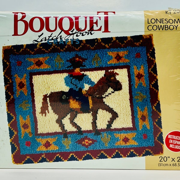 Vintage Lonesome Cowboy Latch Hook Craft Kit Sealed by Bouquet Crafts Rug Tapestry Western Decor