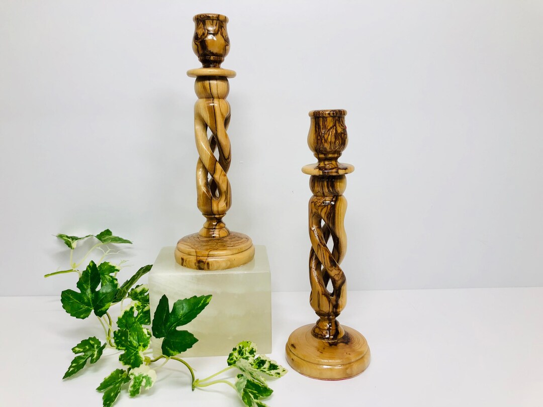 Olive Wood Open Barley Twist Candle Holders Pair Boho Bohemian Decor