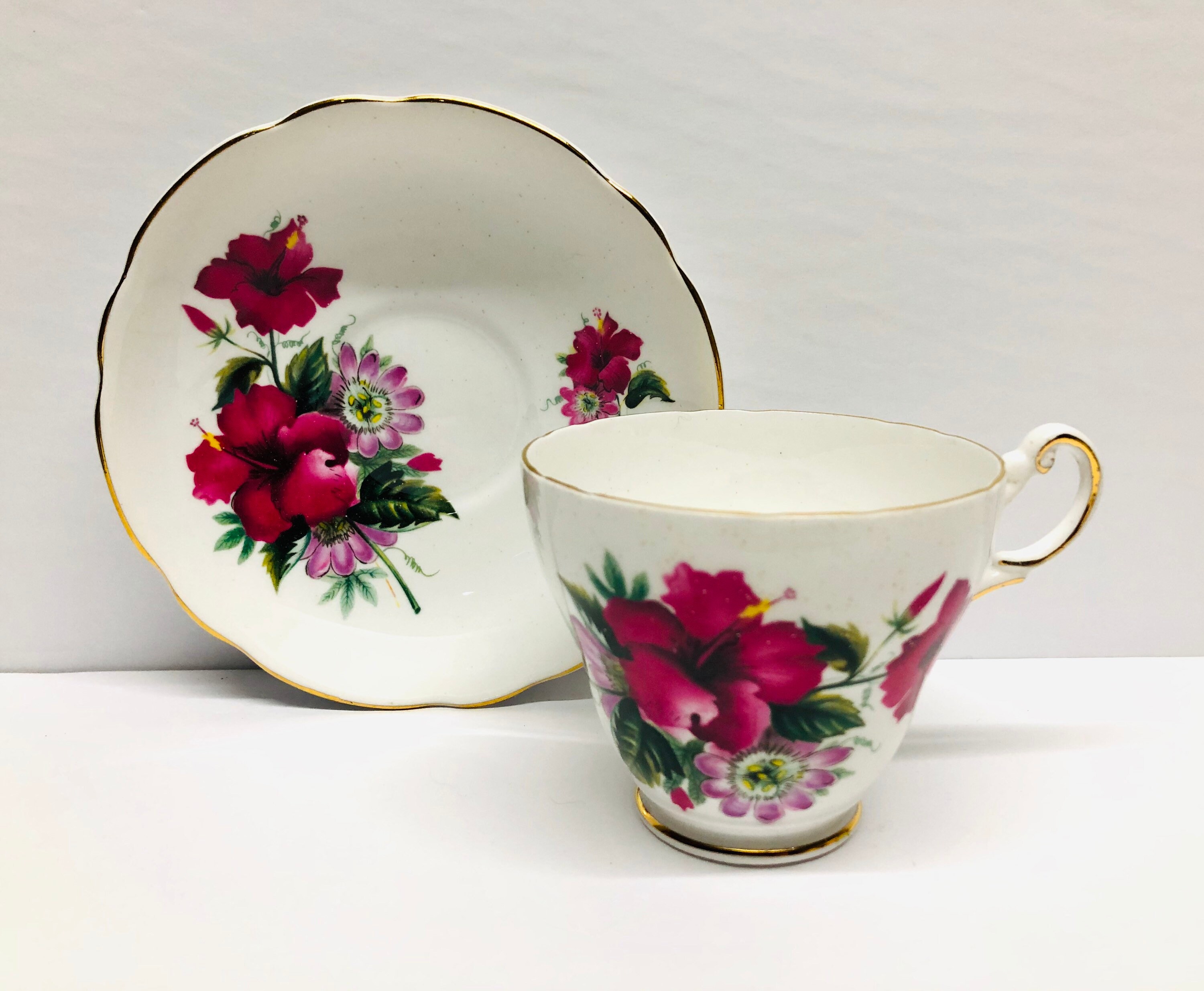 Vintage Red Hibiscus Teacup And Saucer Regency English Bone Etsy