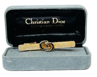 Vintage Christian Dior Tie Clip CD Logo Gold and Black Germany in Box Authentic Designer