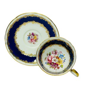 Vintage Aynsley Cobalt Blue & Gold Teacup and Saucer - England Floral Bouquet