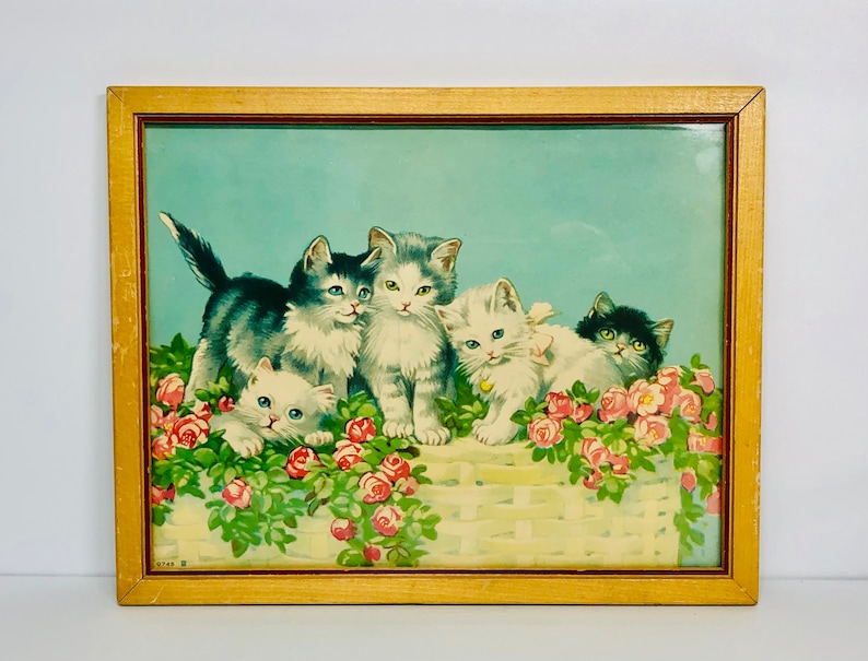 Vintage Framed Cats Five Kittens Lithograph Print Litho circa 1920s Art Deco Era Wall Art image 1