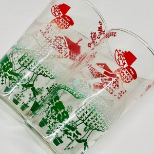 Vintage Swanky Swigs Lady Watering Plants Pair of Juice Glass Cross Stitch Pattern Decorated Glasses Red White Green