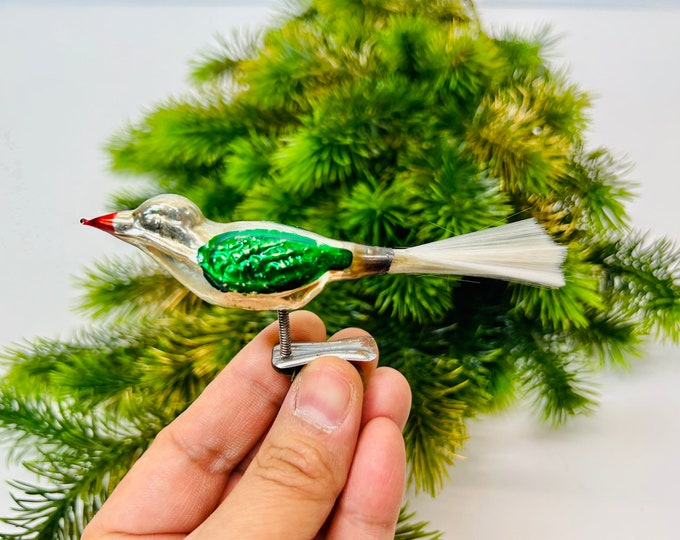 Vintage Mercury Glass Bird Clip on Ornament Spun Glass Tail Tree