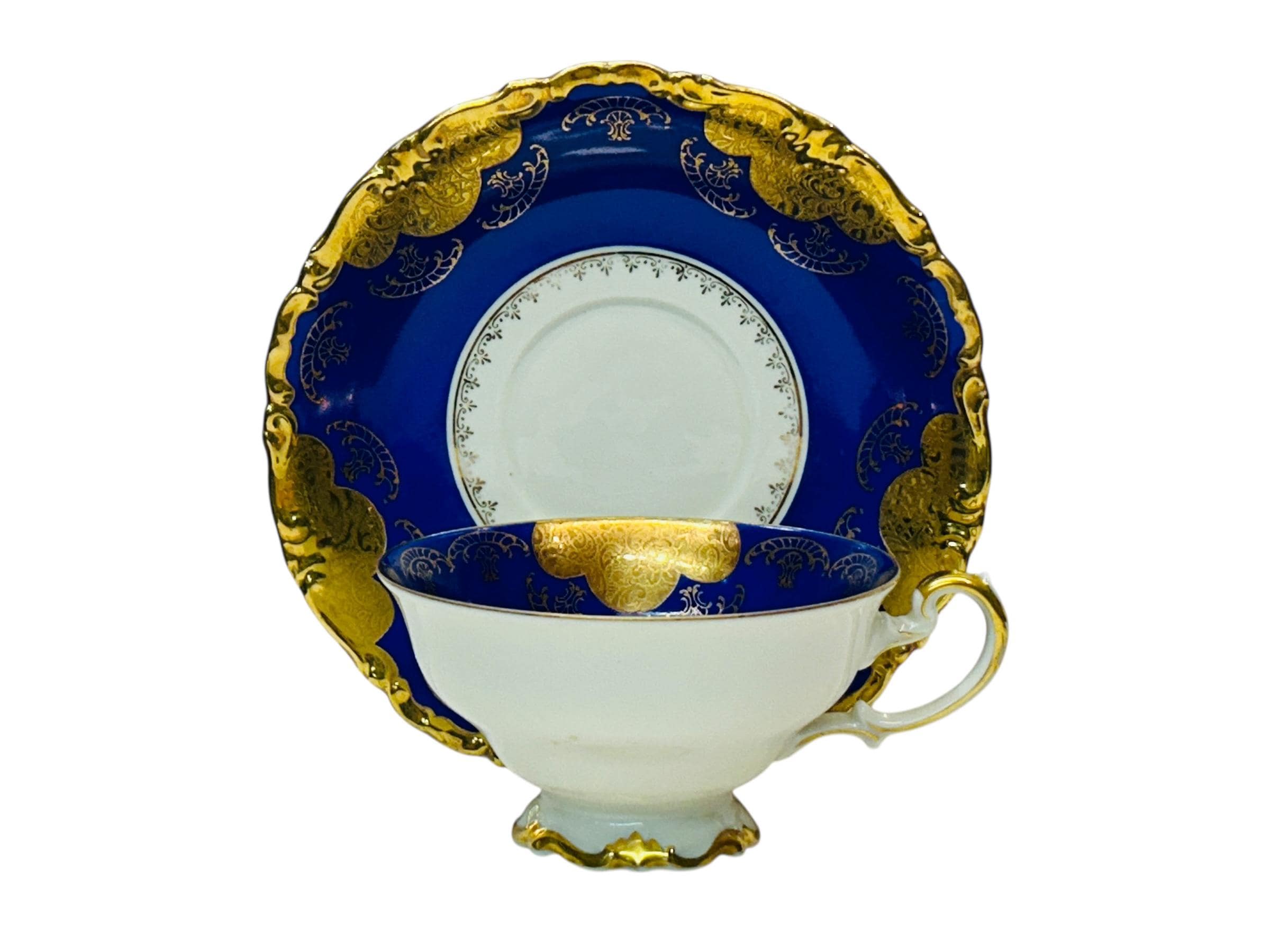 Vintage Alka Kunst Teacup and Saucer, Cobalt Blue Gold Gilded, US