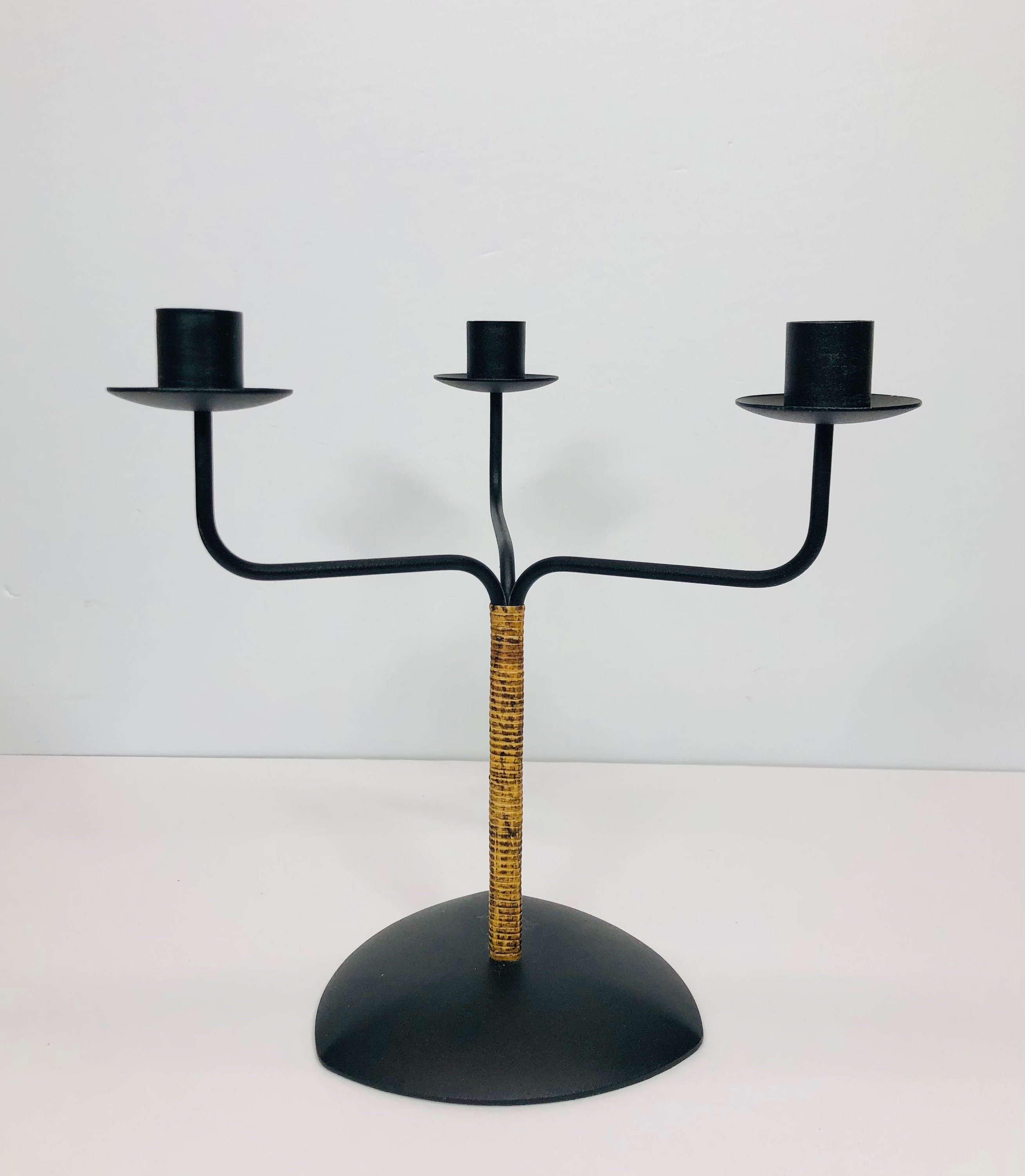 Vintage Laurids Lønborg Rattan and Cast Iron Candelabra Metal and