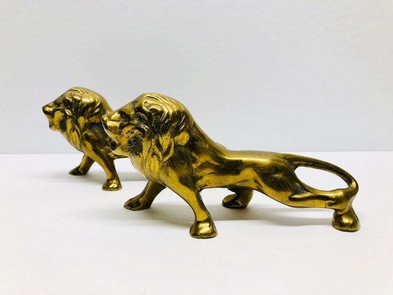 Mid Century Pair of Brass Lion Figurines Solid Brass Gold Lions Mid Century Hollywood Regency D\u00e9cor