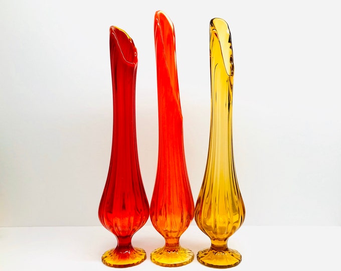 Vintage L.E. Smith Swung Vases Set of 3 Simplicity Red Orange Amber