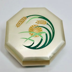 Vintage Merle Norman Cosmetic Dusting Powder Box Wheat Design Celluloid Octagon Box Vintage Boudoir Vanity
