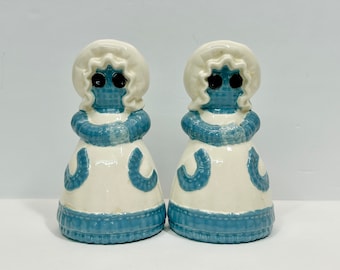 Bonnet vintage en céramique pour poupées de chiffon bleu salière et poivrière