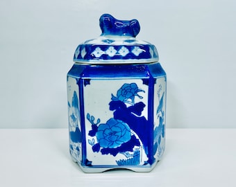 Vintage Blue and White Porcelain Tea Caddy Canister Floral Landscape Birds Hand Painted Design Foo Dog Handle Chinoiserie Oriental Decor